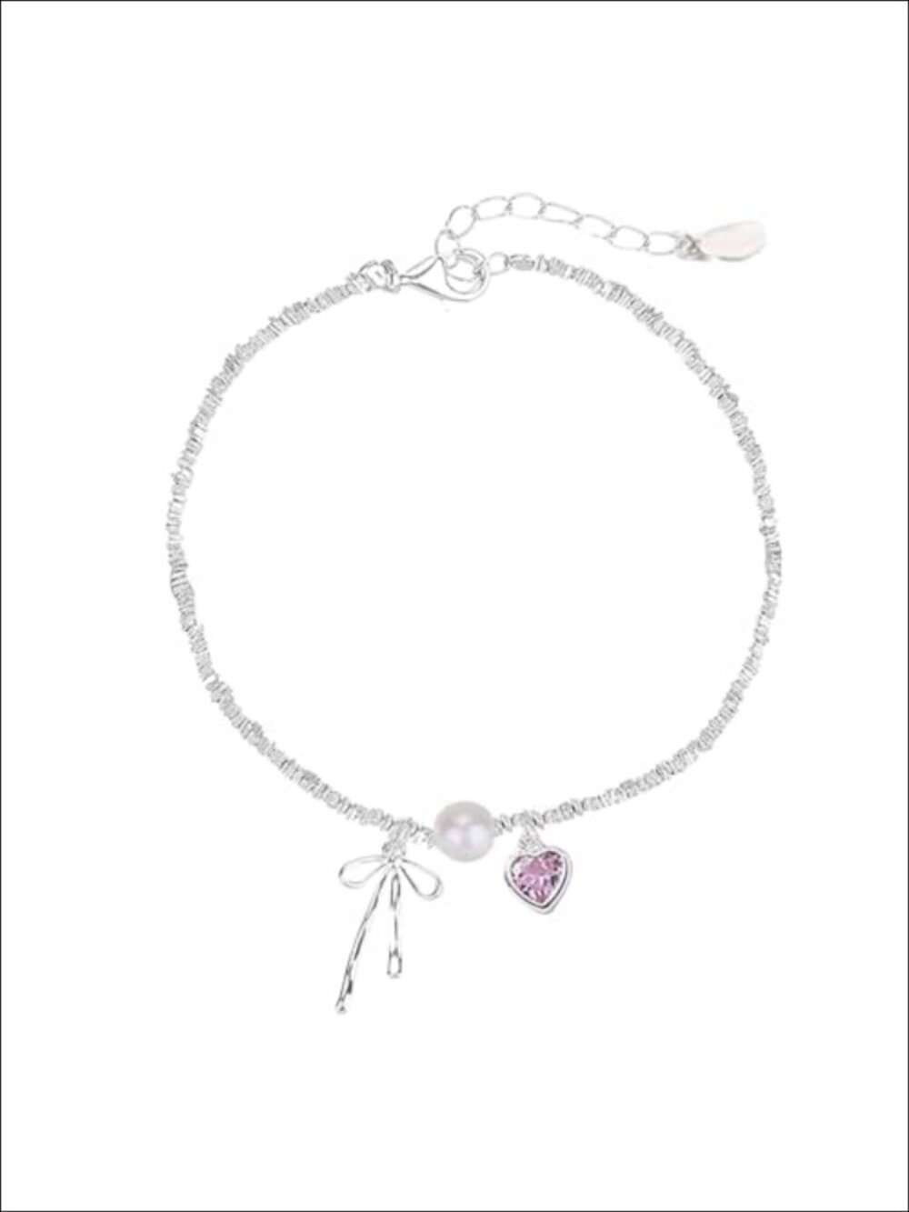 925 Sterling Silver Pink Heart Bow Charm Pearl Bracelet Hypoallergenic Charm